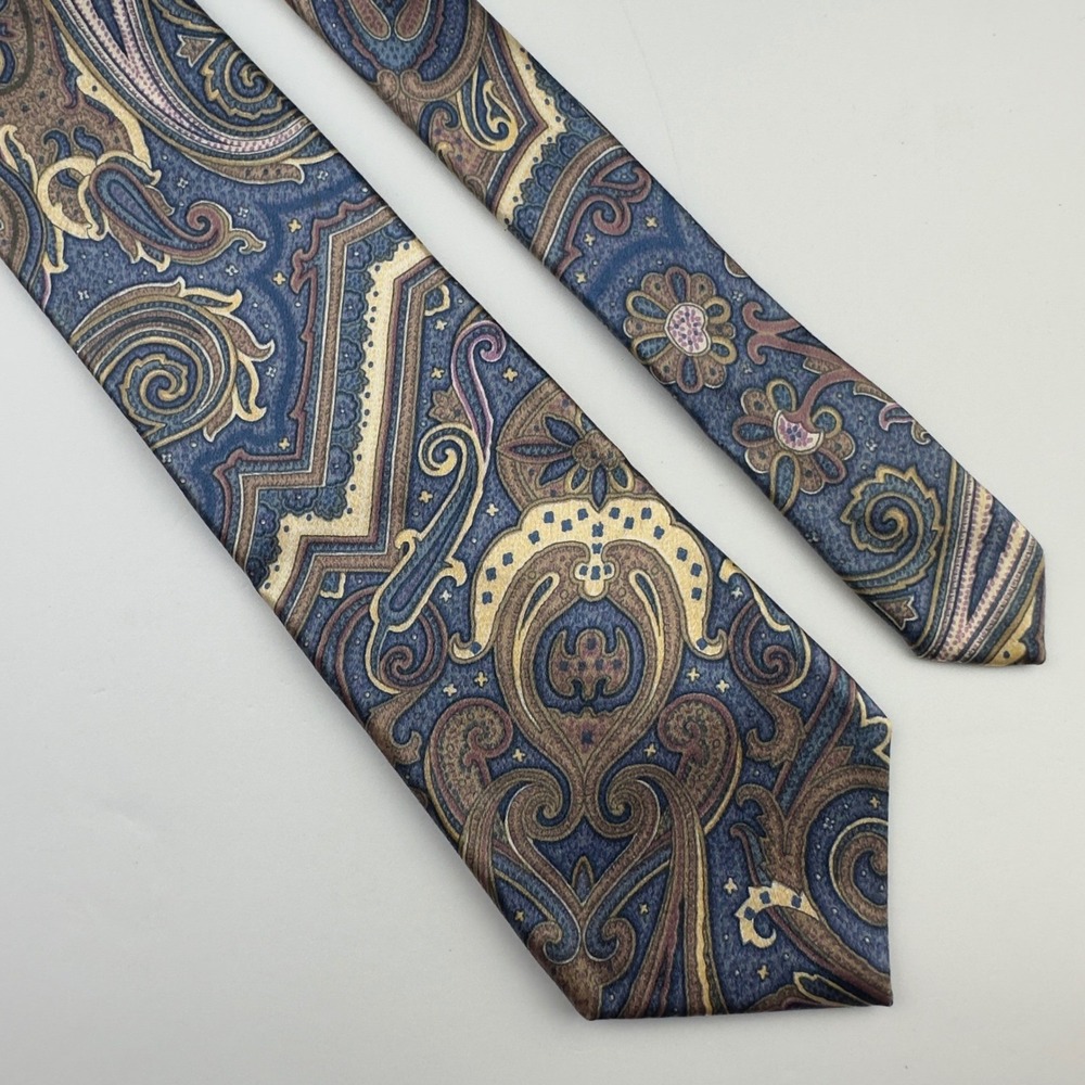 Strathmore Mens Silk Paisley Necktie Blue Gold Burgundy Geometric Wide Blade Tie